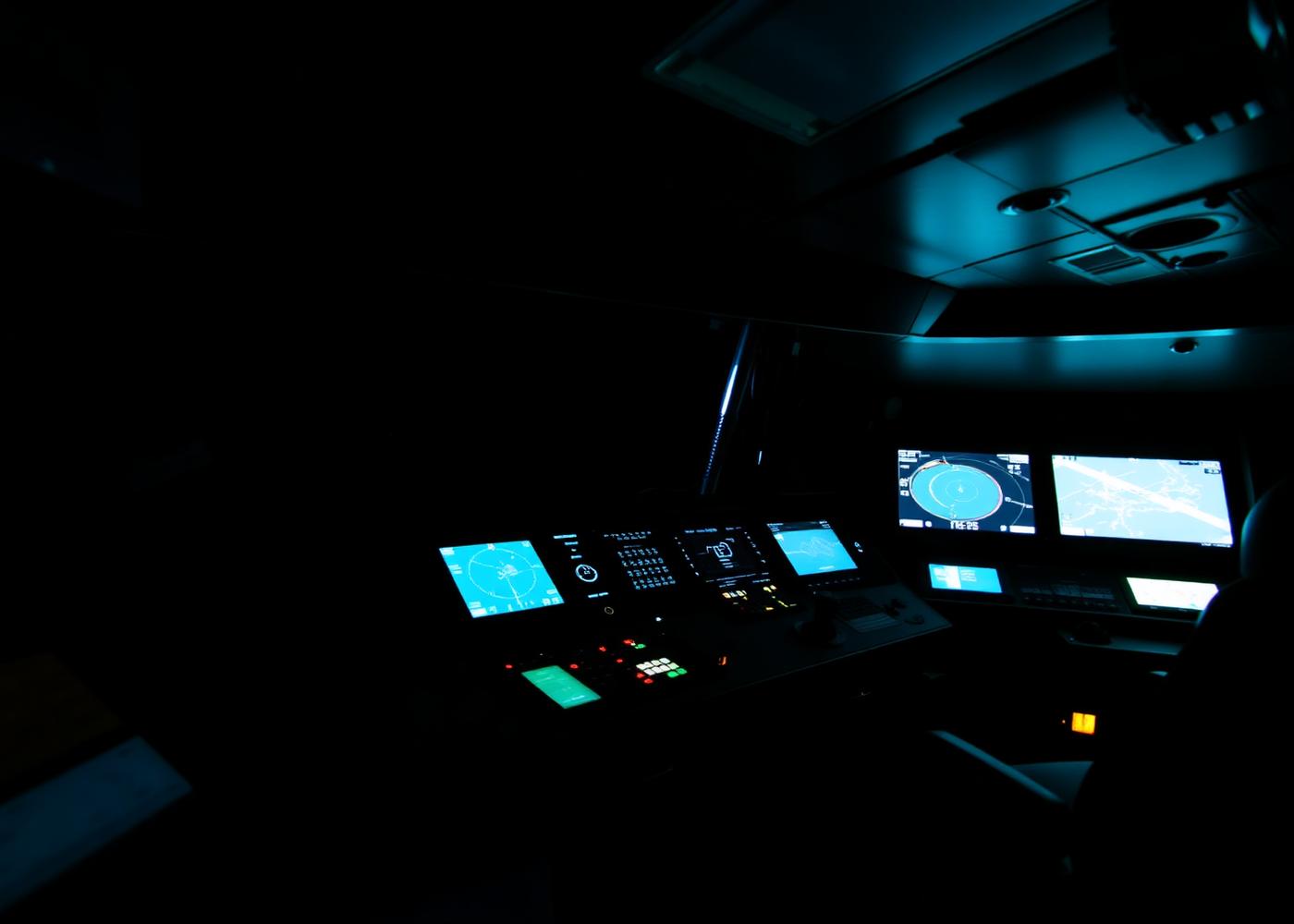 Ship bridge navigation and performance displays at night
