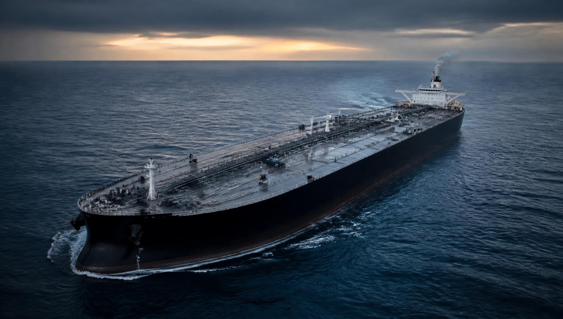 Modern very large crude carrier underway on open ocean at dusk