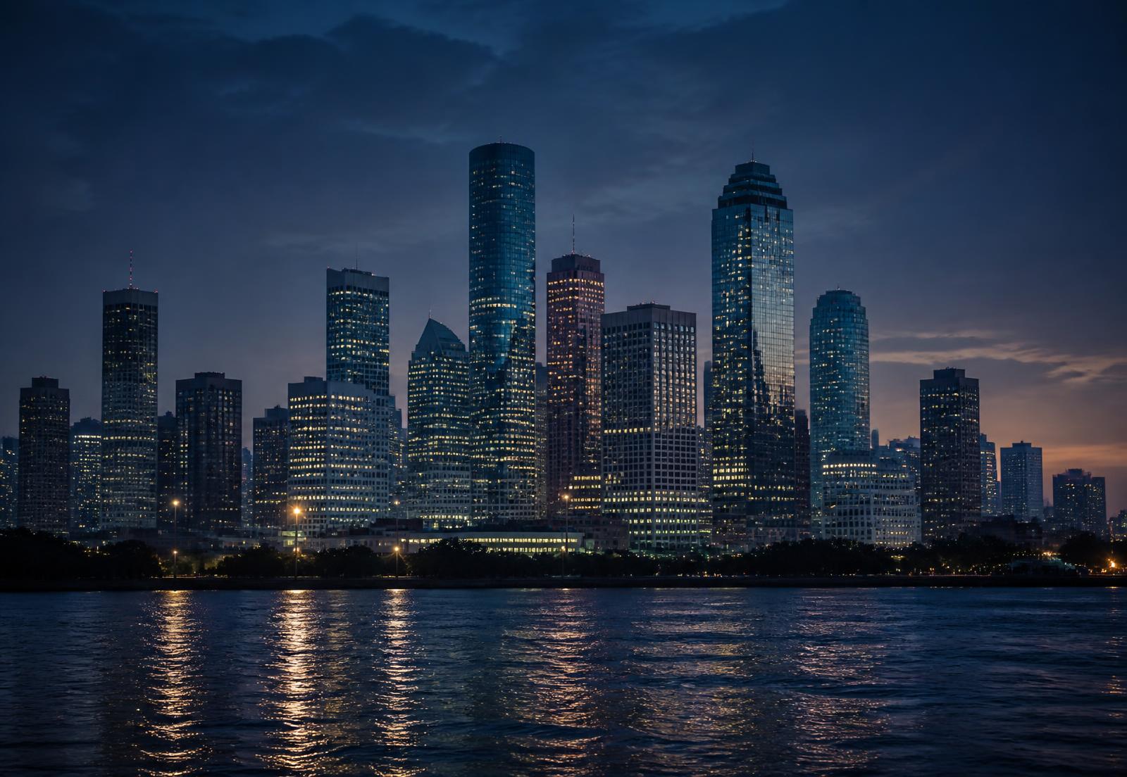 Houston skyline seen across the water at blue hour